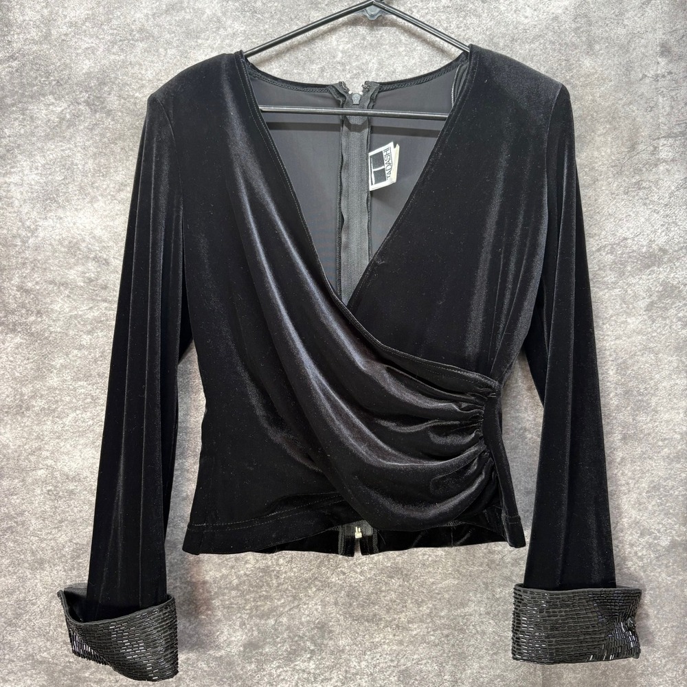 Tadashi Shoji Black Velvet Wrap-Front Blouse with Sequin Cuffs